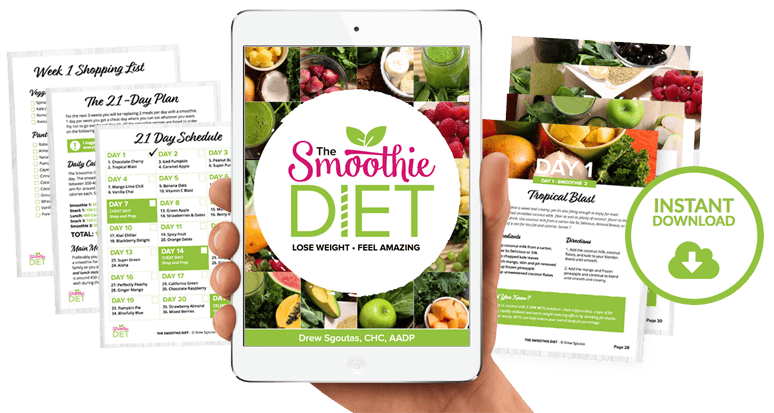 Smoothie Diet ebook and meal plans displayed on tablet and printed pages with green fruit images