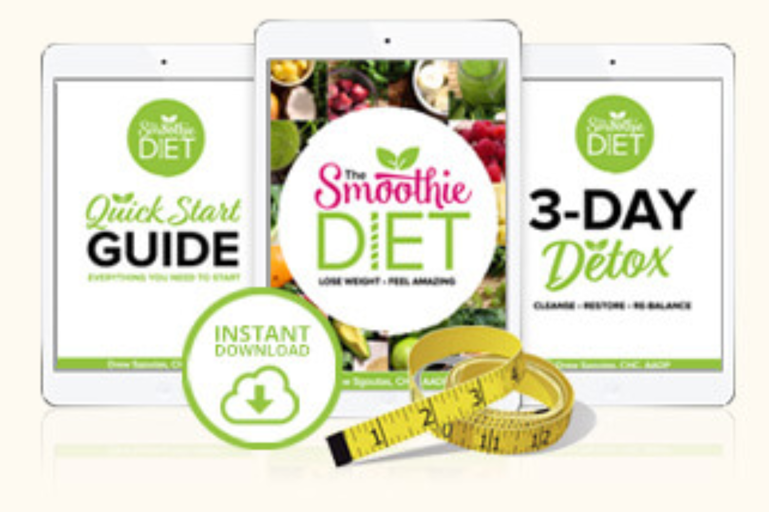 Three Diet detox guide covers with green logos, a smoothie bowl, and a yellow measuring tape