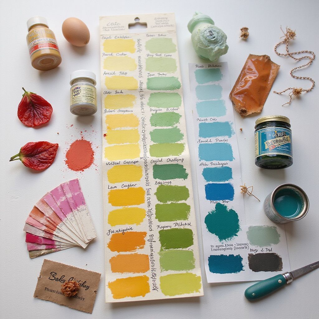 Assorted paint swatches, brushes, yarn, and craft supplies arranged on a white surface.