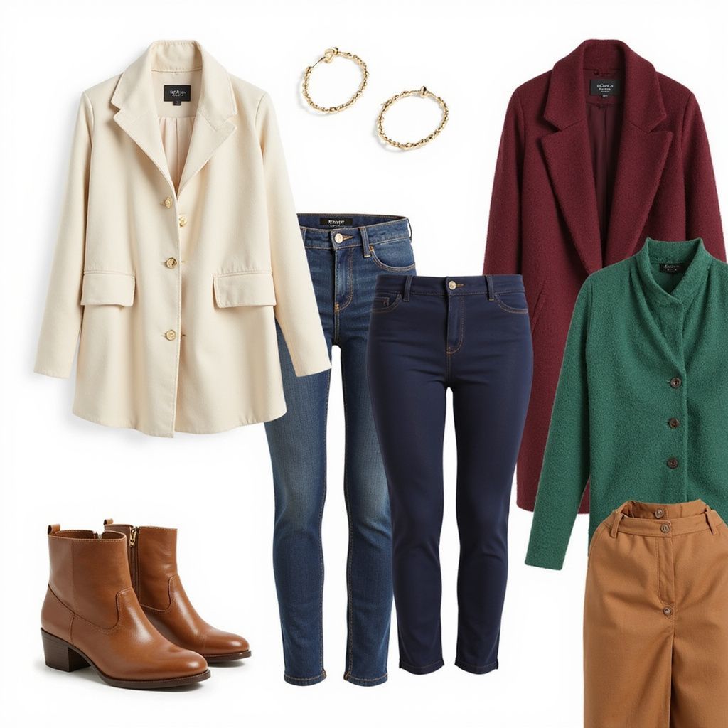 Cream and burgundy blazers, green cardigan, jeans, tan pants, boots, and hoop earrings on white background