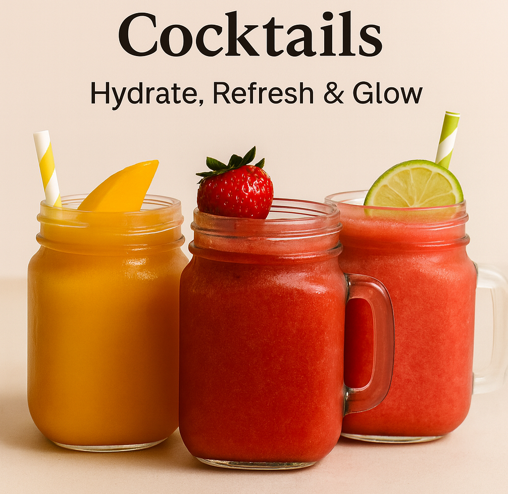 Three colorful cocktails in glass jars with fruit garnish; text reads “Cocktails” and “Hydrate, Refresh & Glow”