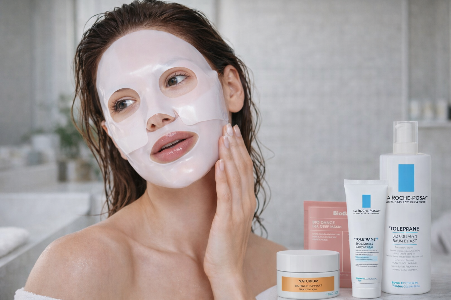 Woman wearing a white sheet mask beside skincare products in a bathroom