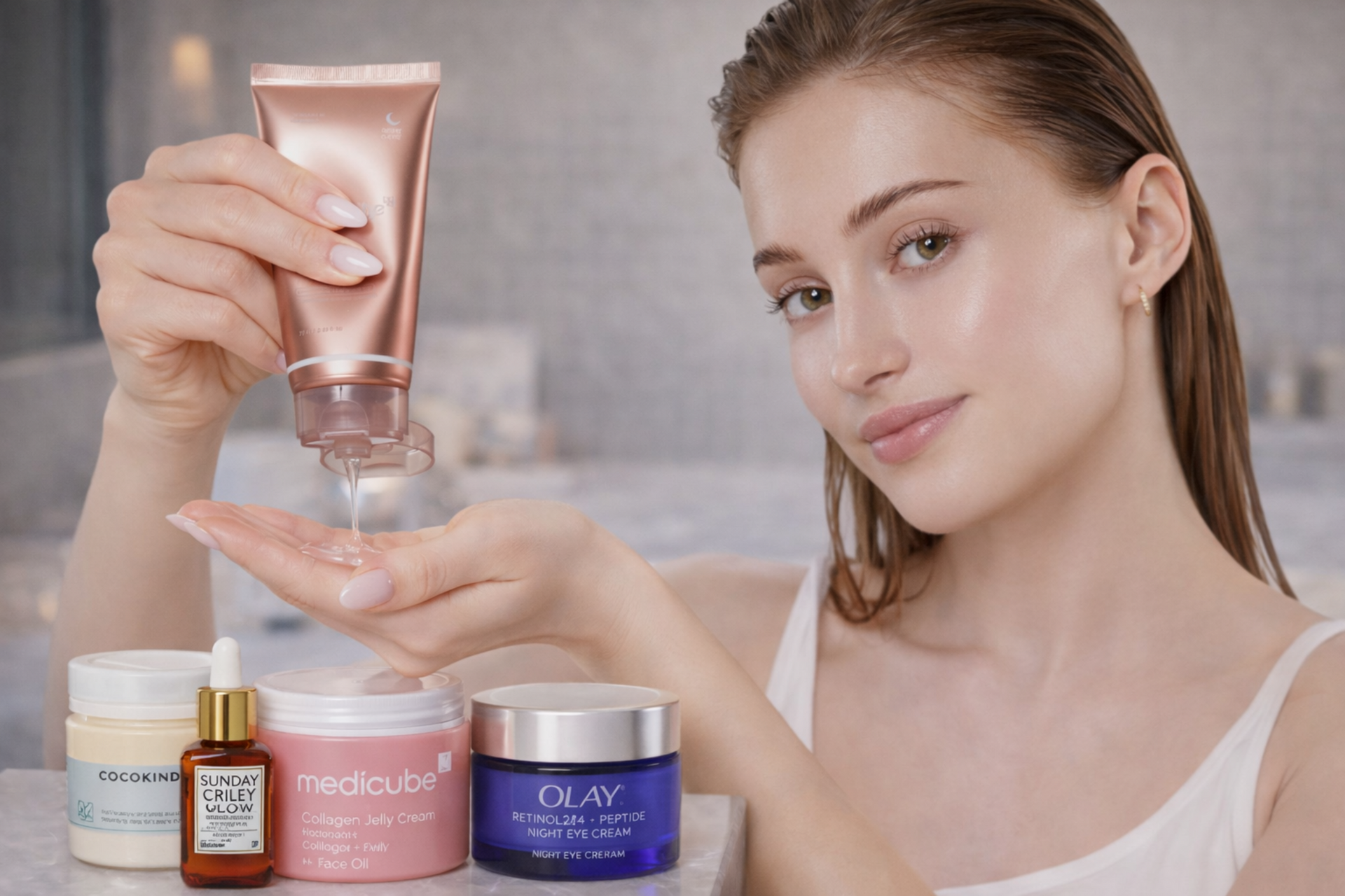 Woman applying pink skincare cream beside cosmetic jars on a vanity.