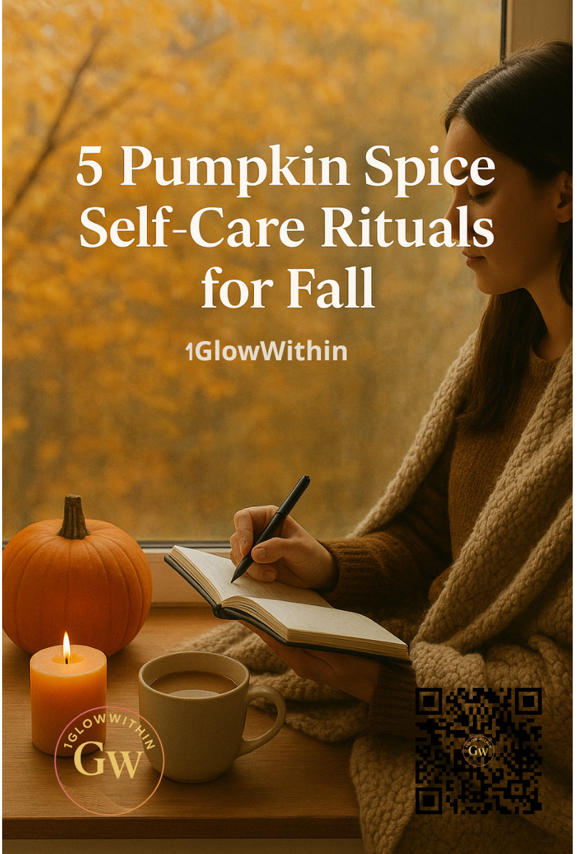 Cozy fall desk scene with candle, pumpkin, coffee, and notebook beside text: “5 Pumpkin Spice Self-Care Rituals for Fall”