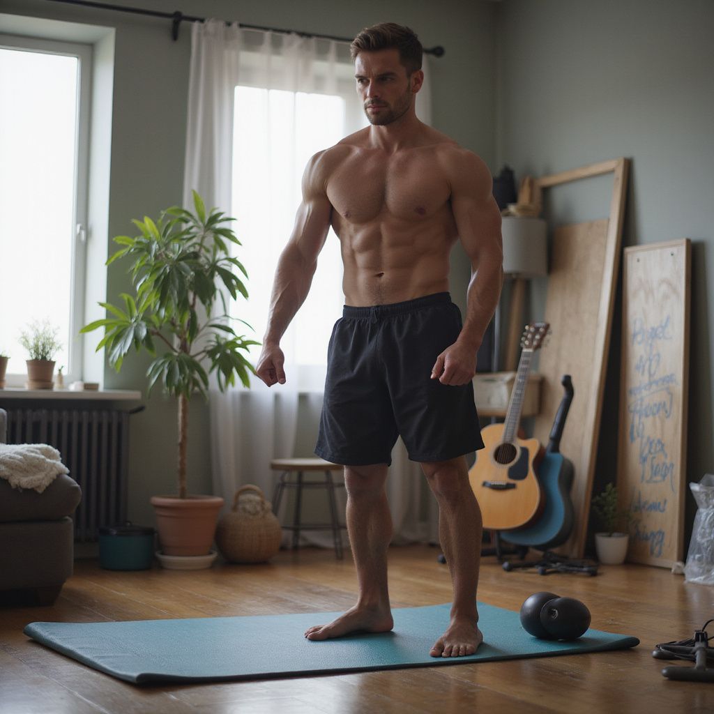 Shirtless man standing on a yoga mat in a sunlit room with a guitar and plants nearby