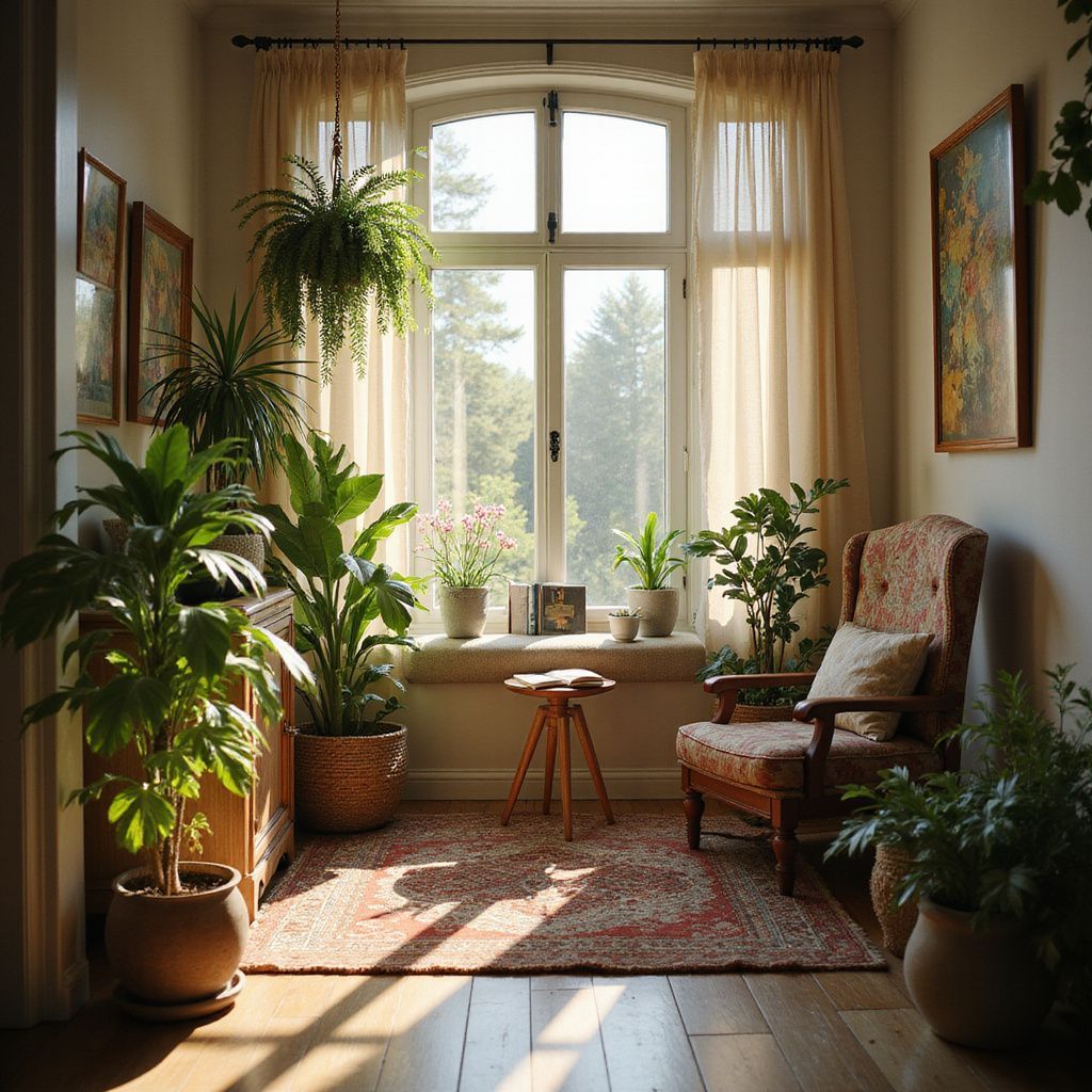 Sunlit living room with many potted plants, a chair, rug, and large arched window