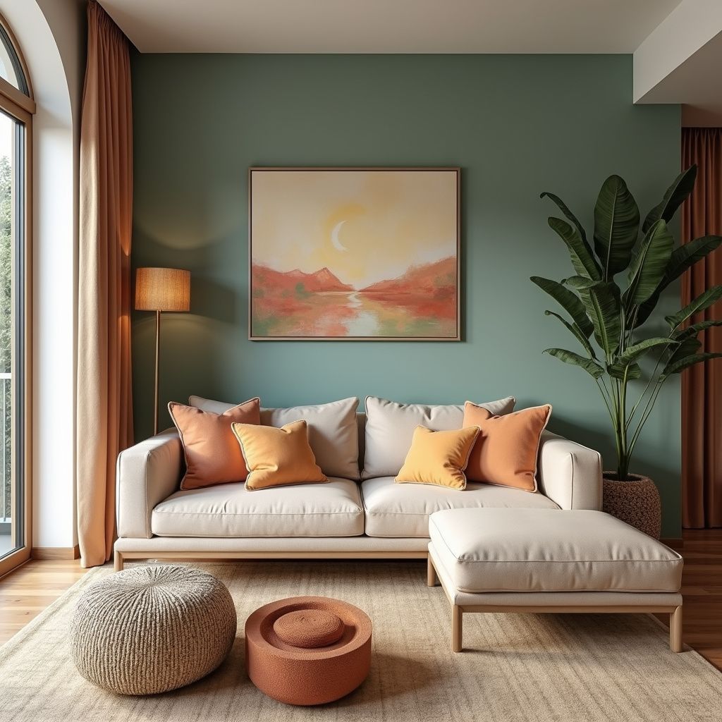 Cozy living room with cream sofa, peach cushions, sage walls, indoor plant, and framed landscape art