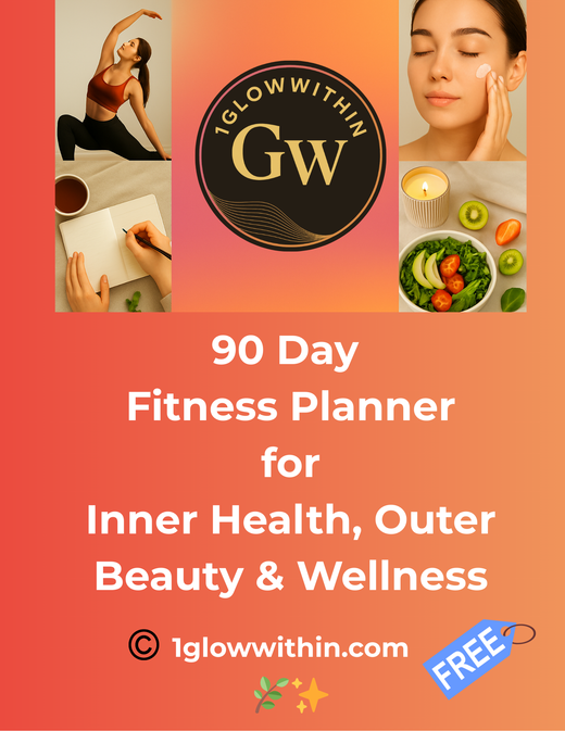 90-day fitness planner ad with orange background, yoga, skincare, and healthy food collage