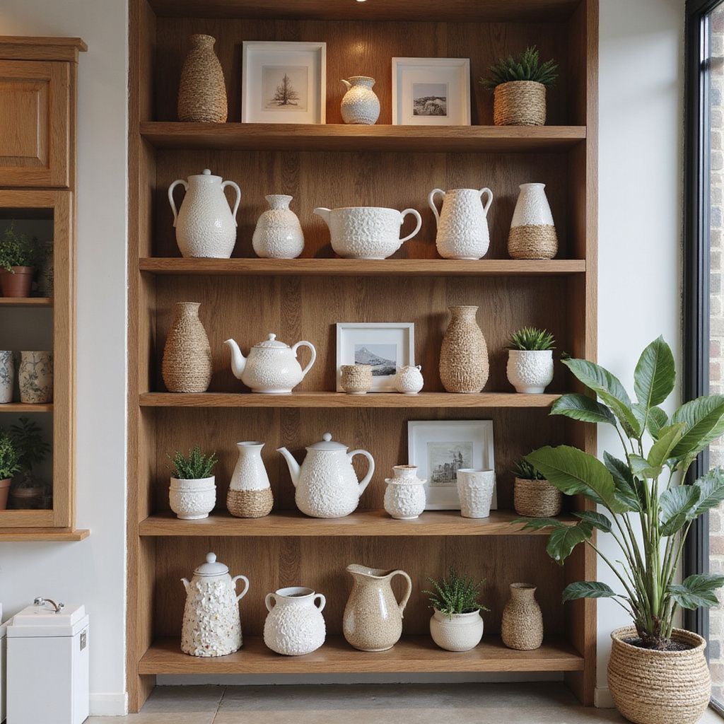 Wooden shelves displaying white ceramic vases, teapots, and potted plants in a bright room