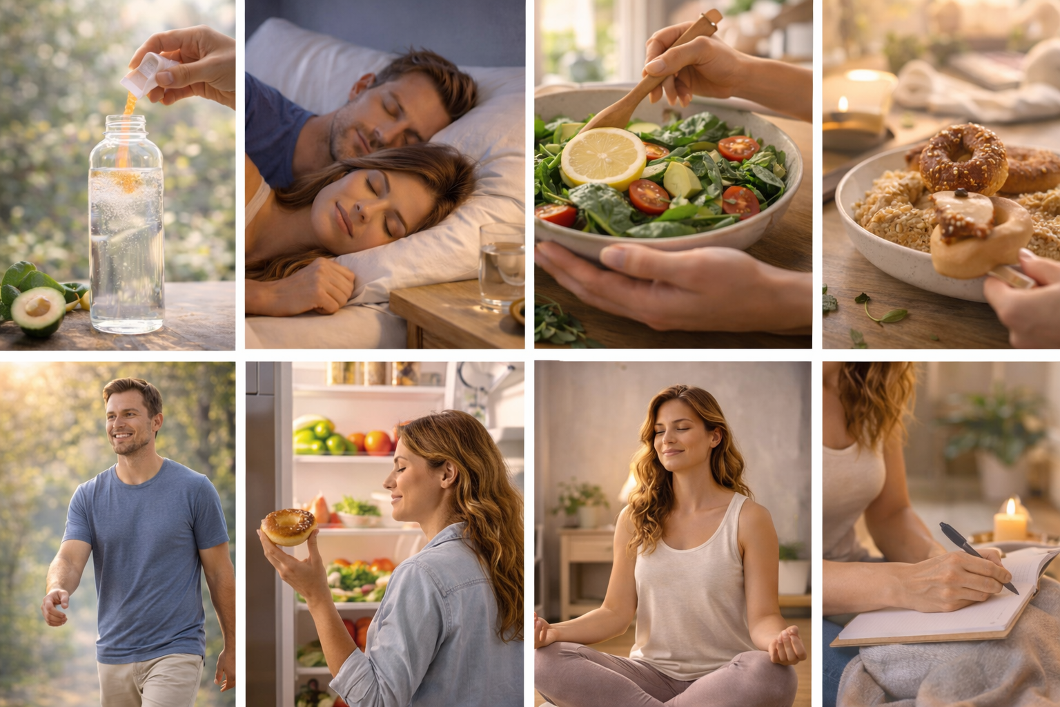 Wellness collage: hydration, healthy food, exercise, and relaxing at home