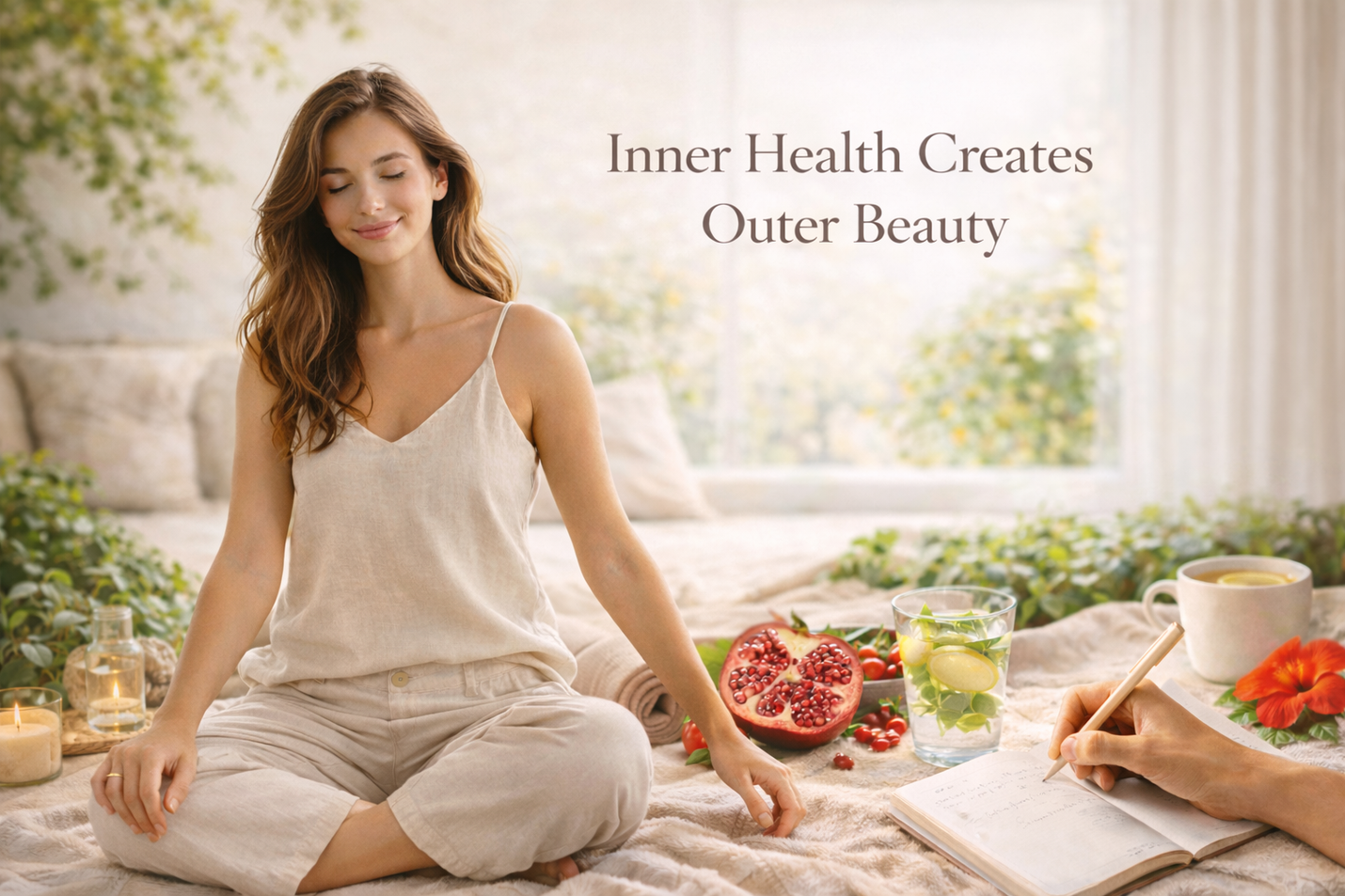 Woman sitting cross-legged with tea and fruit in a bright room; text reads “Inner Health Creates Outer Beauty”