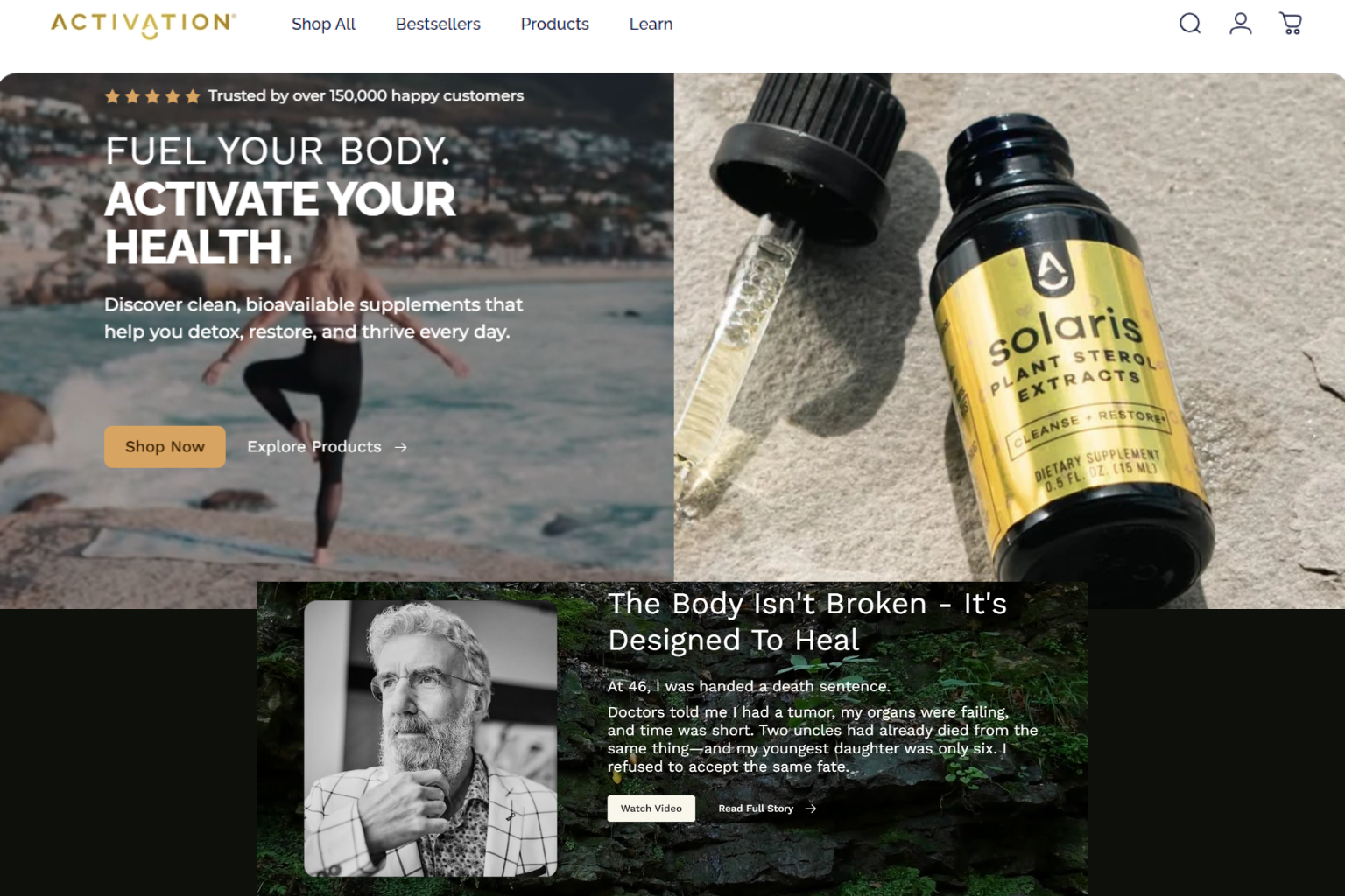 Website homepage with an athlete, supplement bottle, and wellness slogan about fueling and healing the body