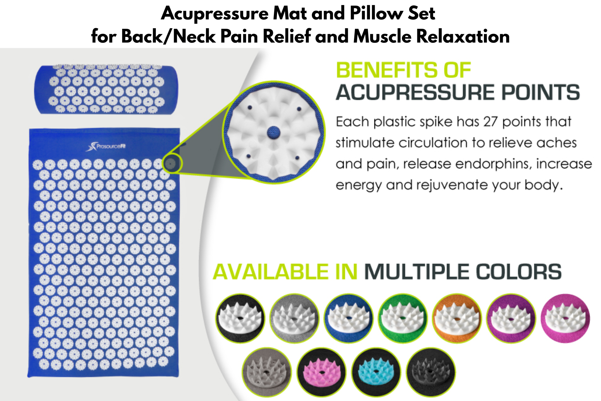 Blue acupressure mat with pillow for back/neck pain relief, shown with close-up of plastic points and color options