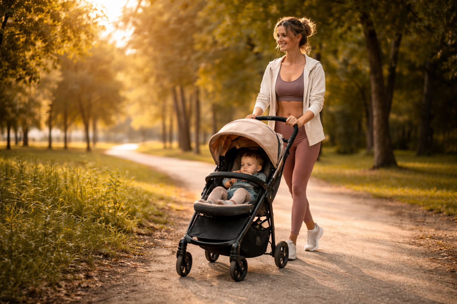 Mother walking with stroller on park path