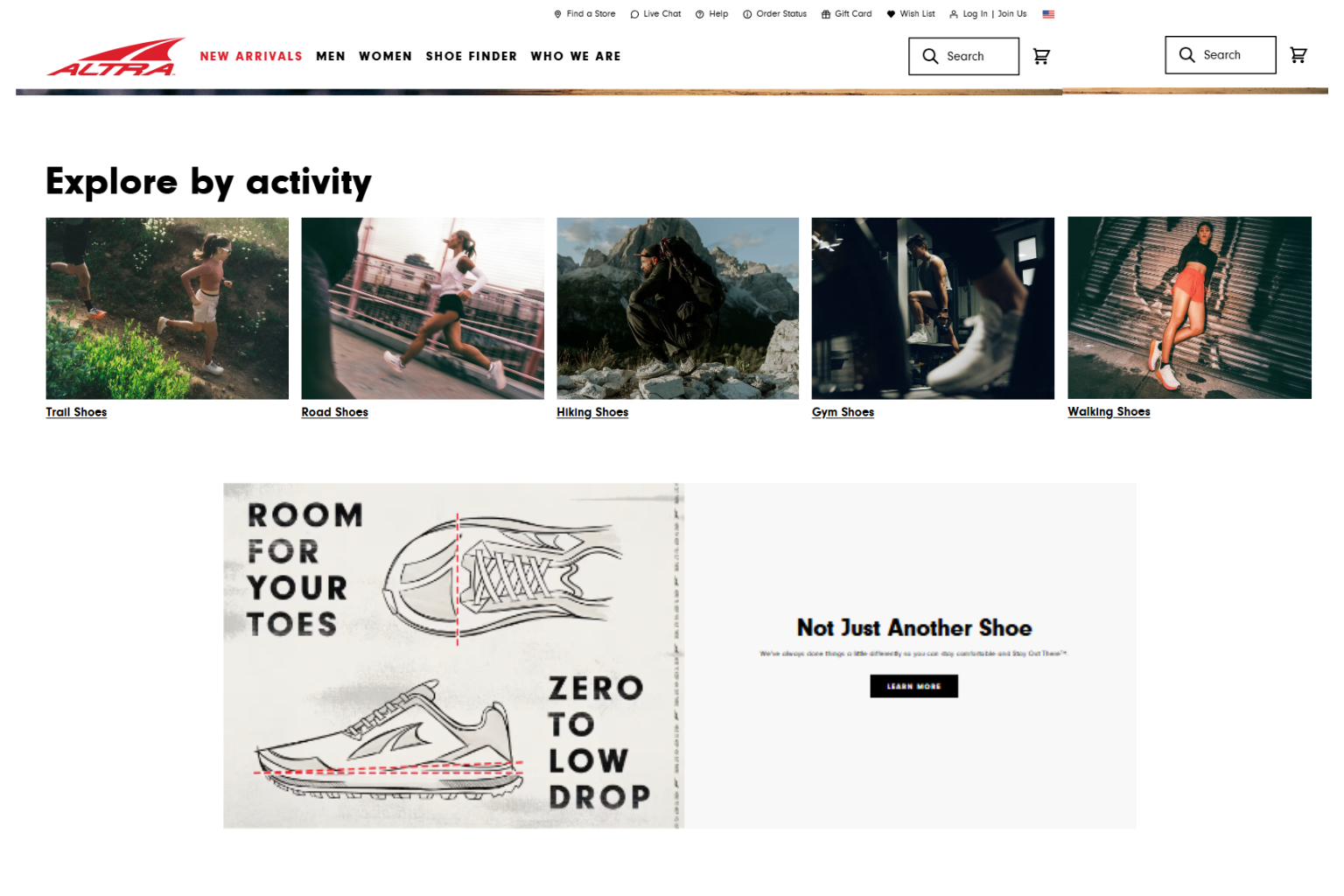 Hoka website homepage showing “Explore by activity” product tiles and a “Zero to low drop” shoe promo