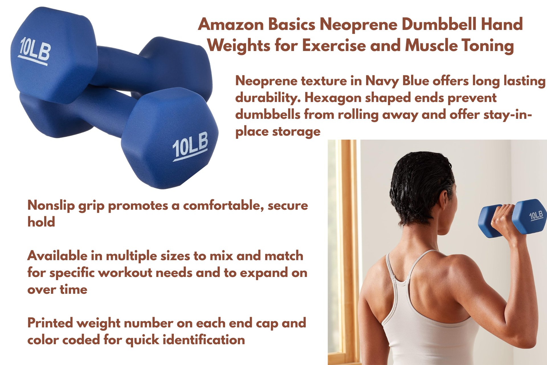 Blue neoprene dumbbell hand weights, 10 lb and 5 lb, with workout woman using them indoors