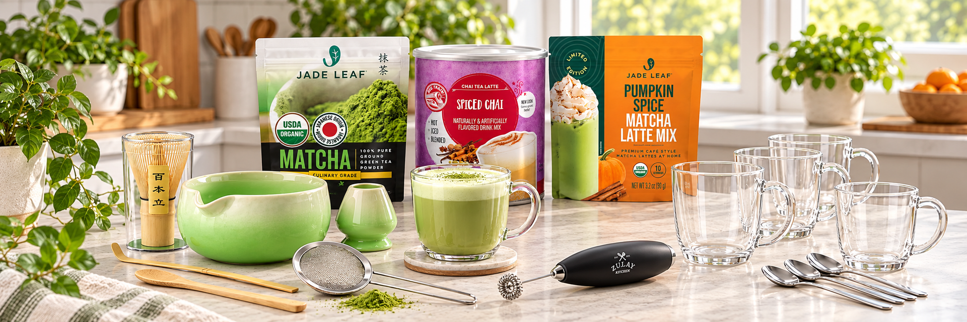Matcha powders, chai mix, whisk set, milk frother, and glass mugs on a kitchen countertop.