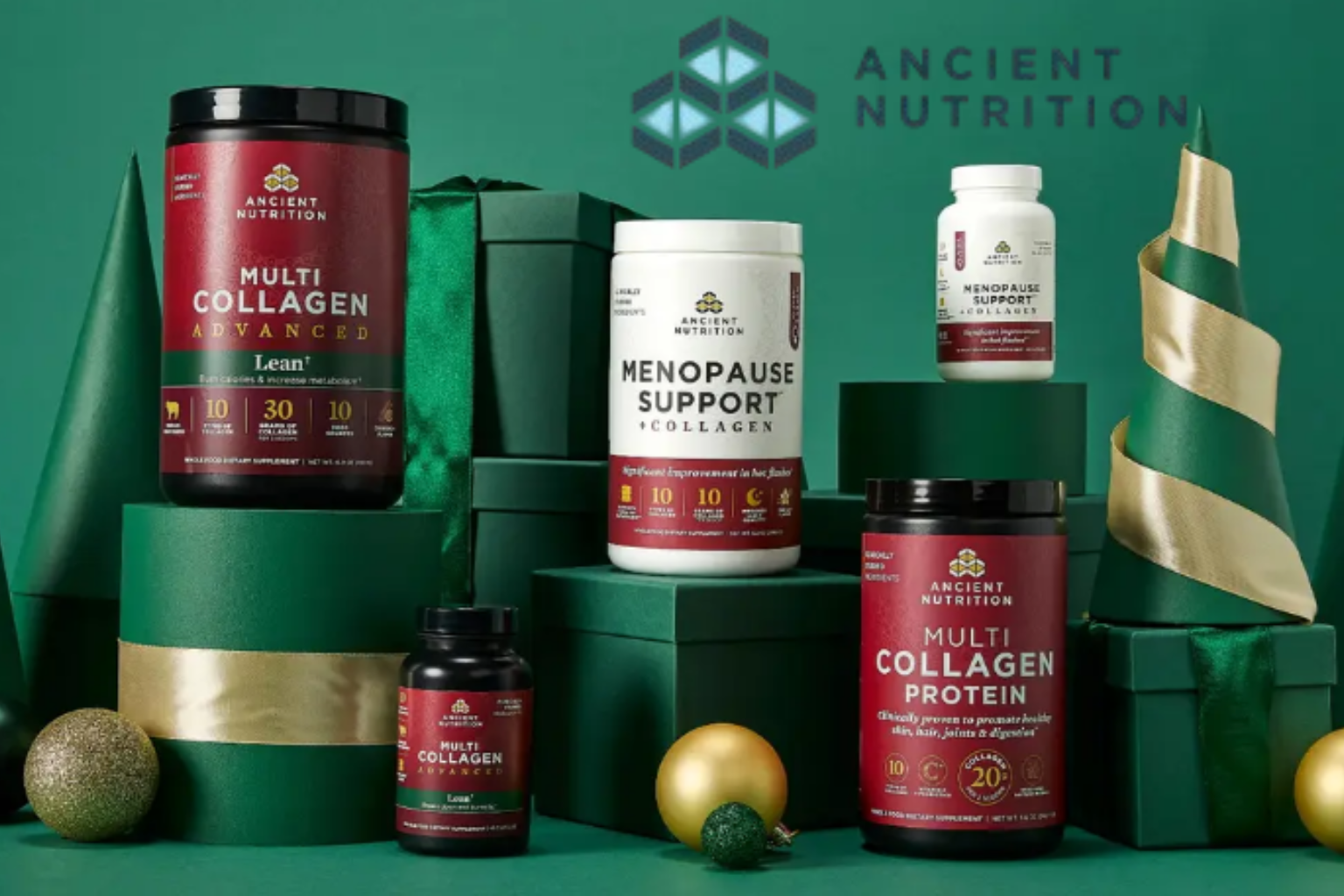 Ancient Nutrition supplement display with red, white and green bottles and boxes on a green background