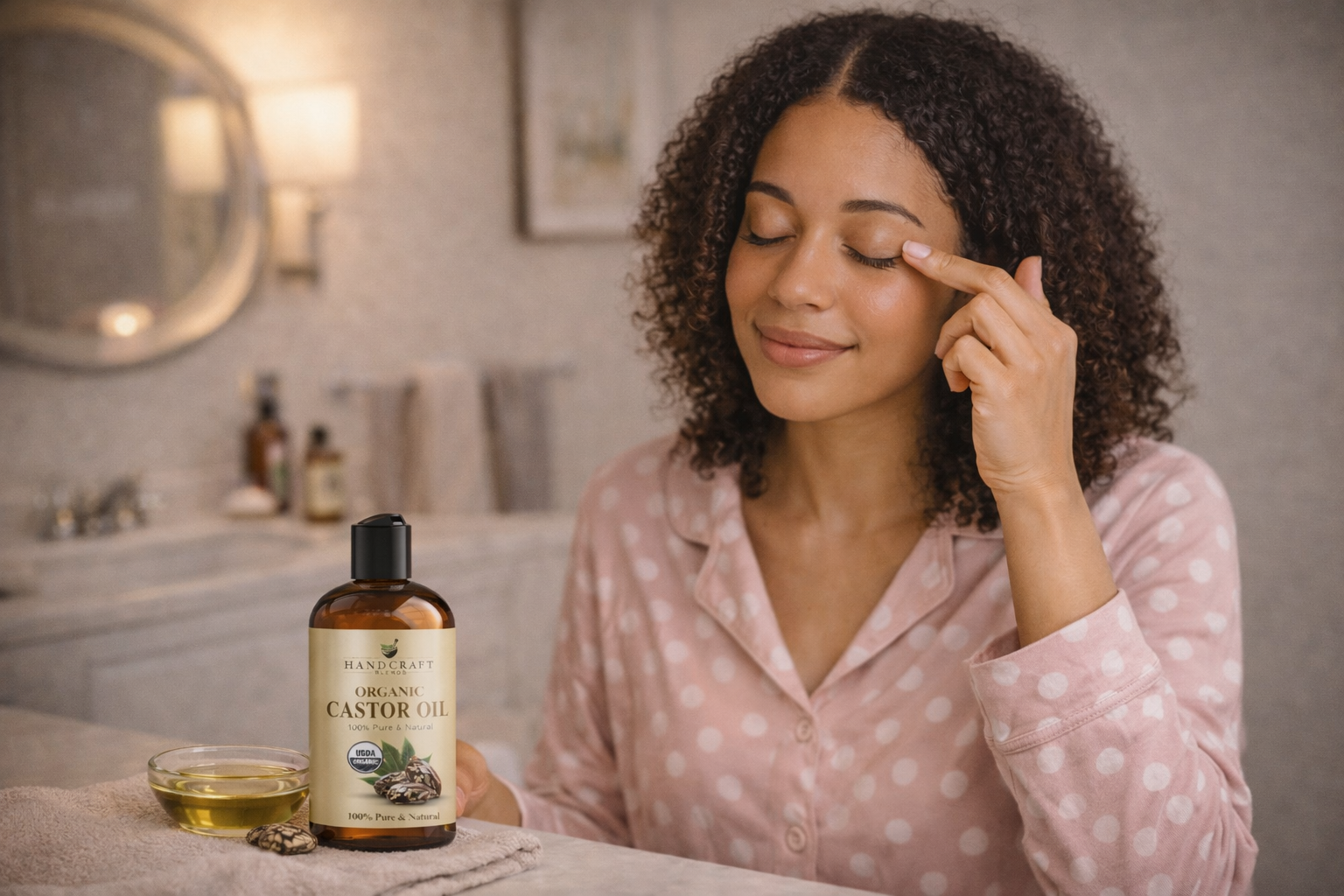 Woman applying eye cream beside a skincare bottle in a soft-lit bathroom