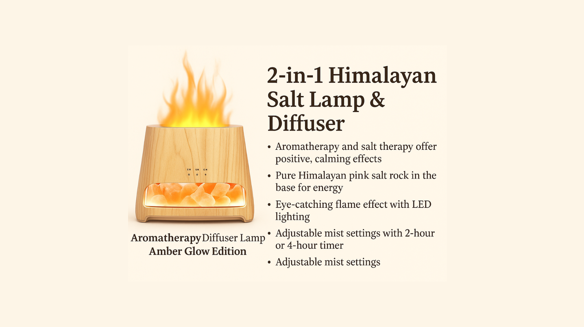 2-in-1 Himalayan salt lamp and diffuser with warm amber glow on a beige background, product details listed beside it