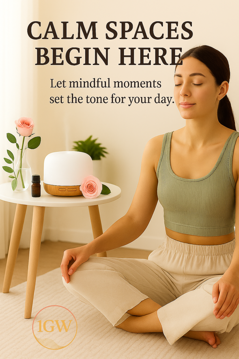 Woman meditating in a calm beige room with a diffuser and flowers; text reads, “CALM SPACES BEGIN HERE”