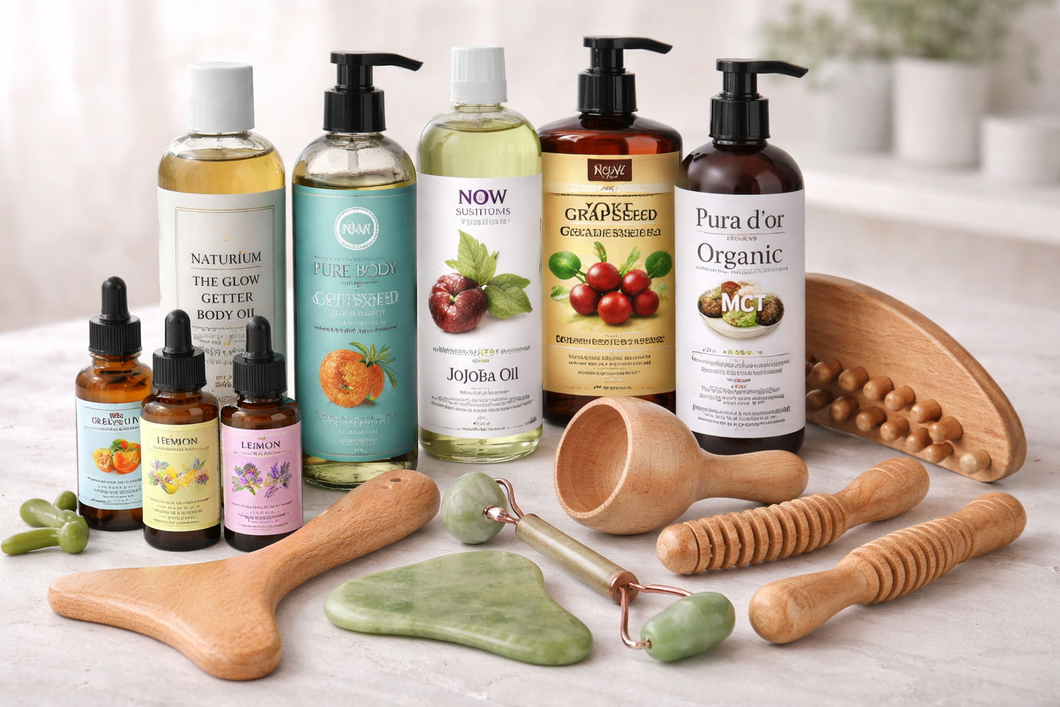 Spa products and wooden massagers on a tabletop, with bottles, jars, and green jade stones.