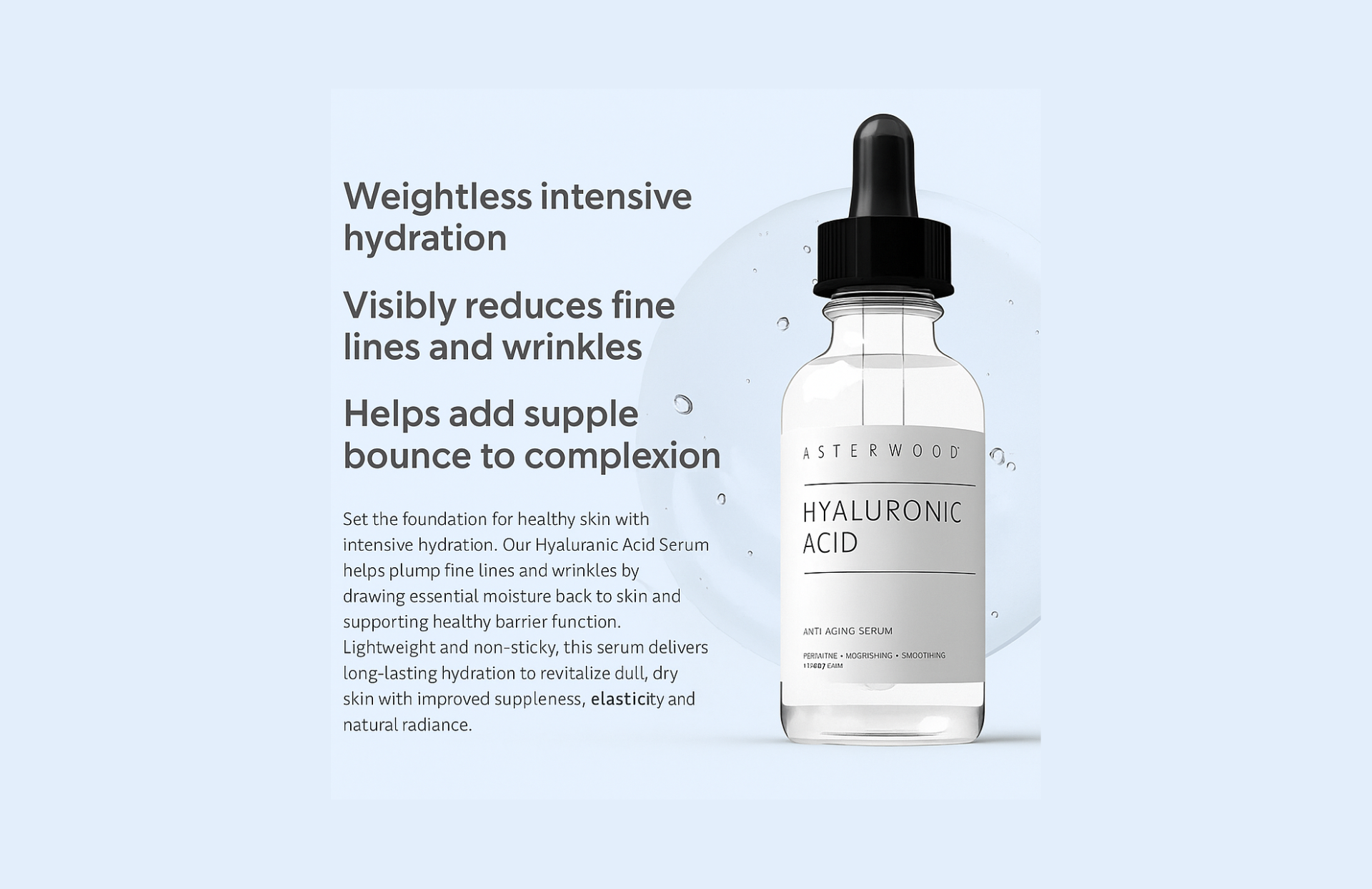 Moisturizing facial serum bottle on pale blue background with text about hydration and fine lines