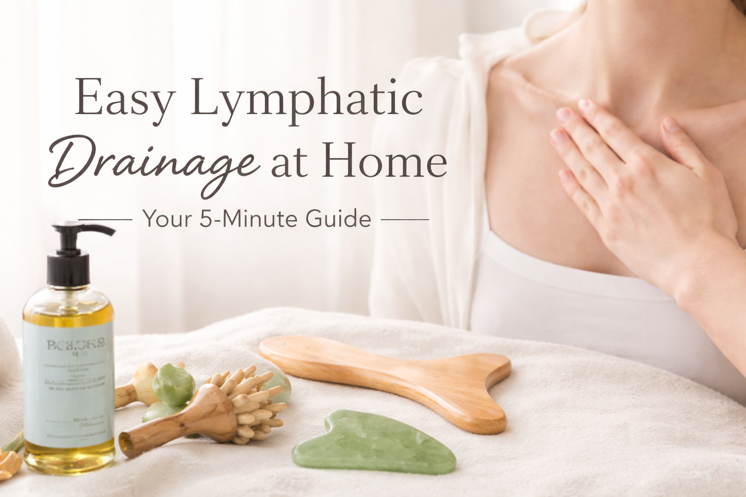 Promotional graphic for easy lymphatic drainage at home with massage tools and oil on a white surface