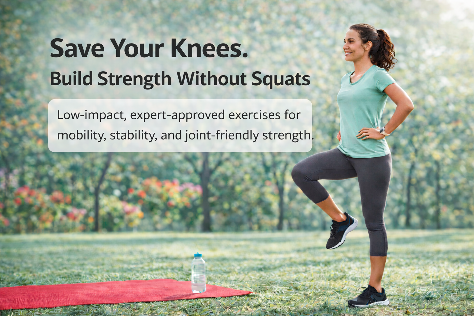 Woman doing a balance exercise outdoors beside the text “Save Your Knees. Build Strength Without Squats.”
