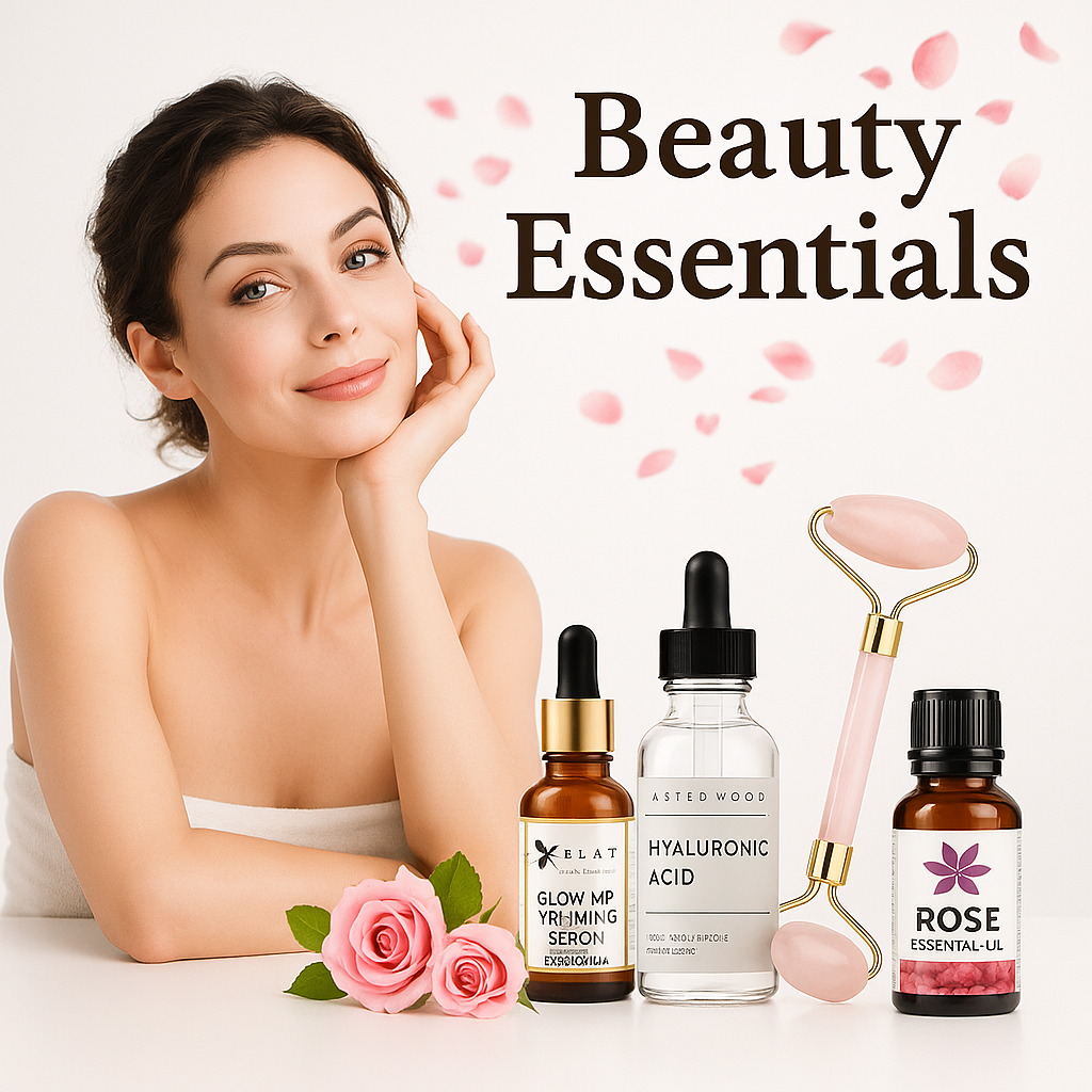 Beauty Essentials skincare ad with serum bottles, jade roller, and a smiling model with pink flowers