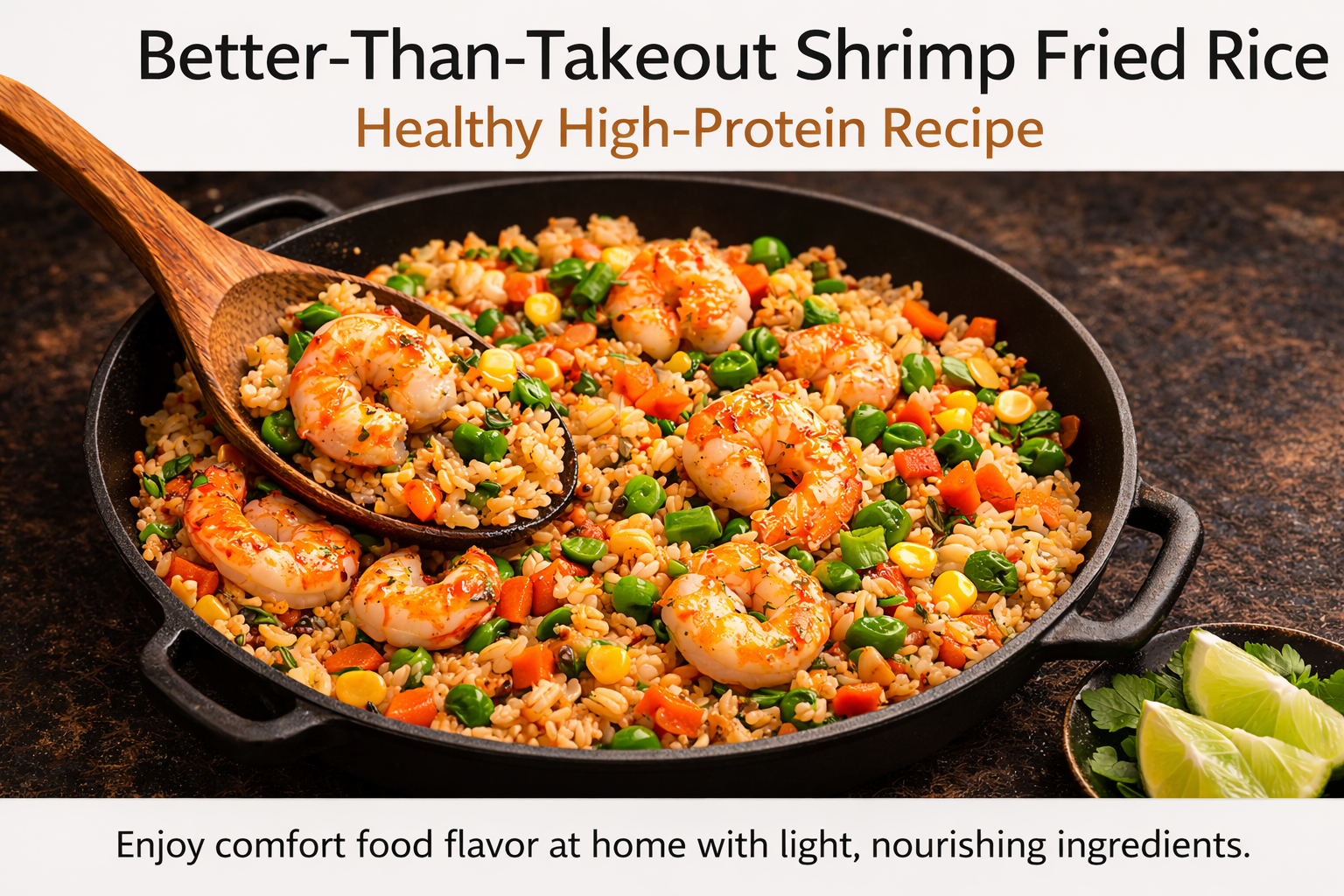 Shrimp fried rice in a skillet with lime wedges and text promoting a healthy high-protein recipe