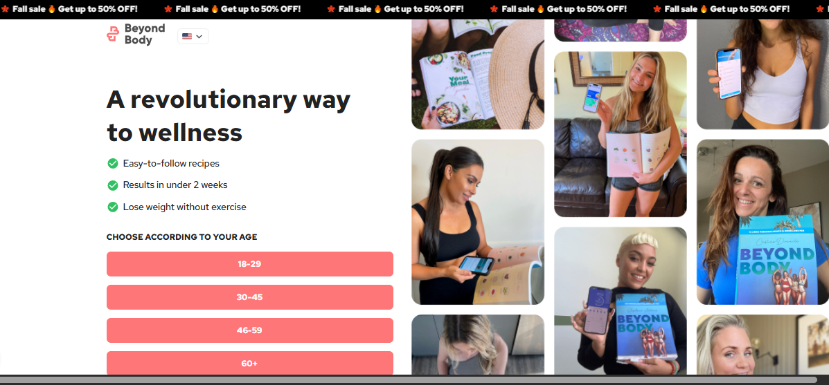 Website landing page for wellness program with coral signup buttons and collage of fitness photos