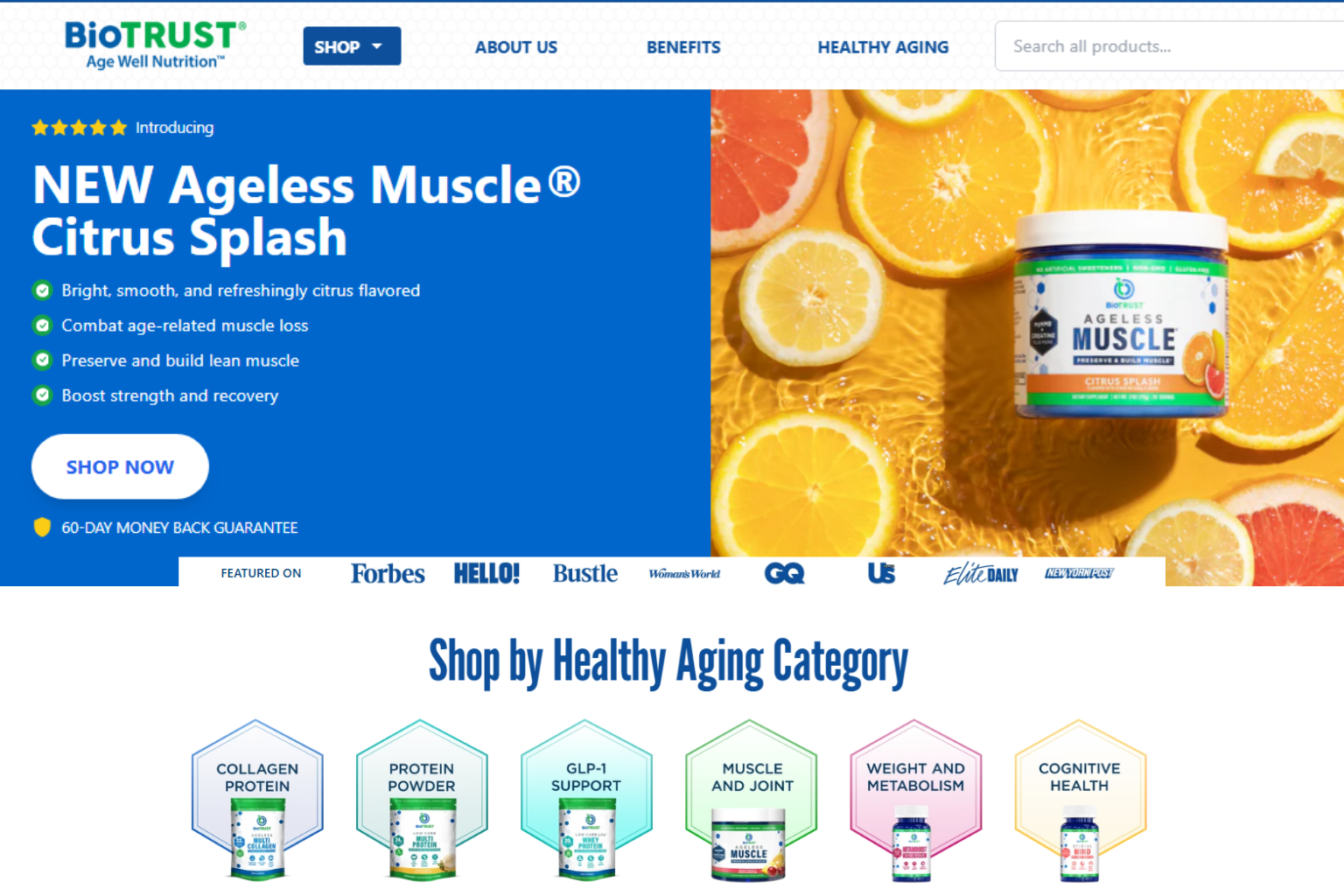 BioTRUST website banner for New Ageless Muscle Citrus Splash with orange slices and supplement jar