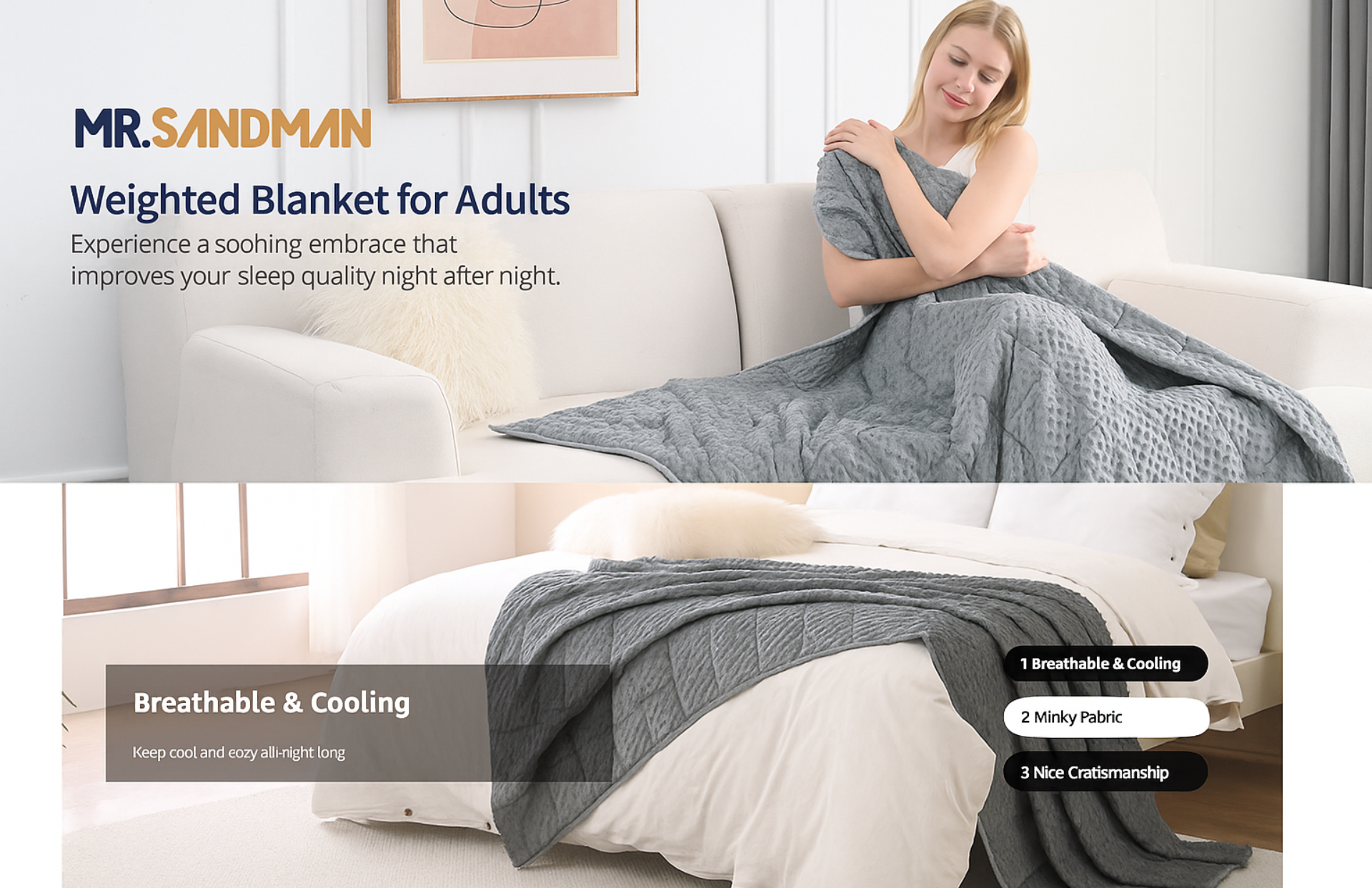 Weighted blanket ad showing a person on a bed with gray fabric and labels for breathable, cooling, and washable features