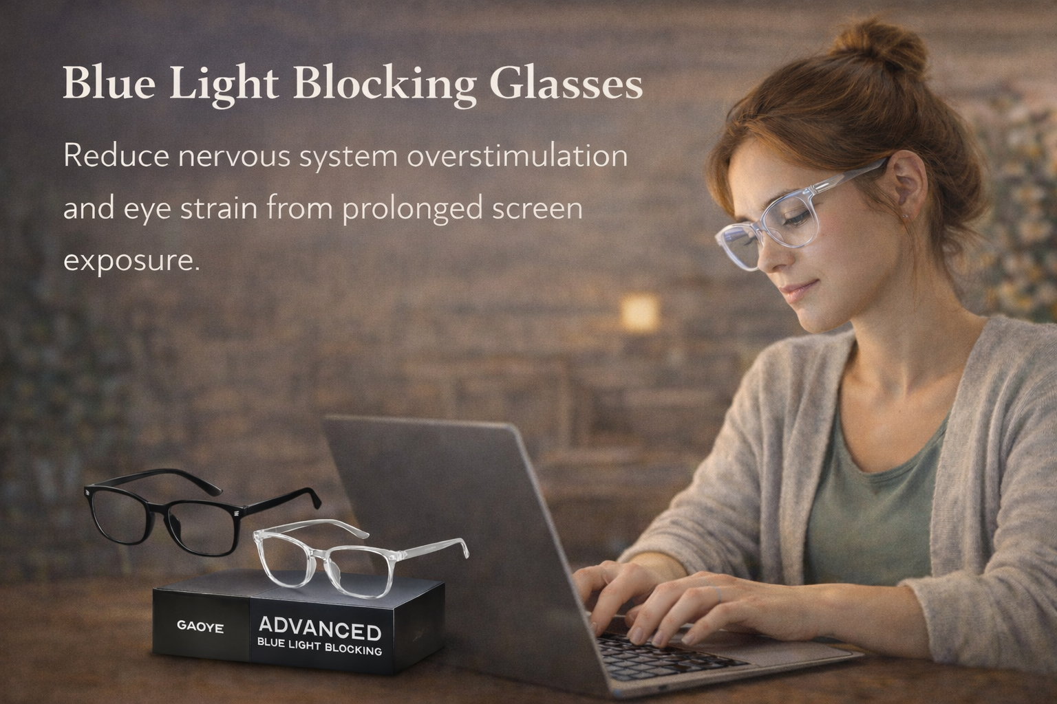 Woman using a laptop while wearing blue light blocking glasses; text promotes reducing eye strain.