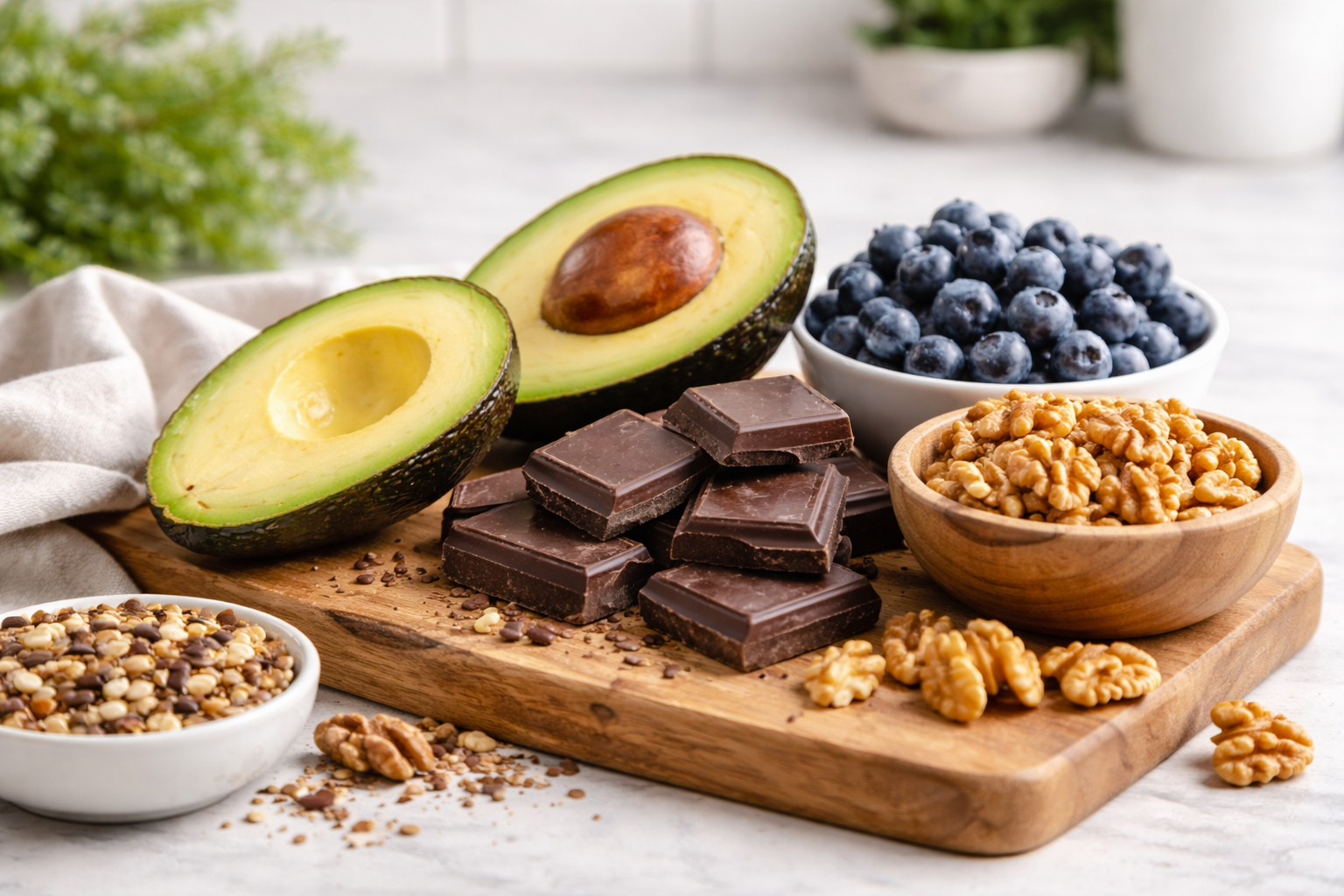 Avocados, blueberries, nuts, and dark chocolate arranged on a wooden board