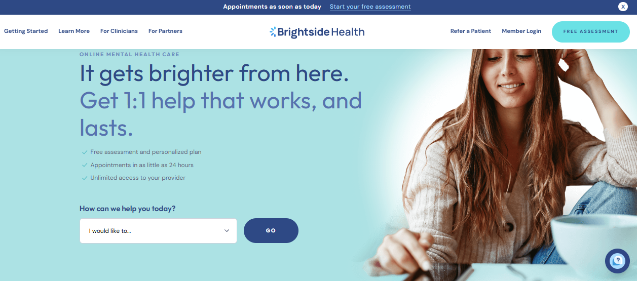 Healthcare website homepage with teal banner, search box, and smiling woman on the right