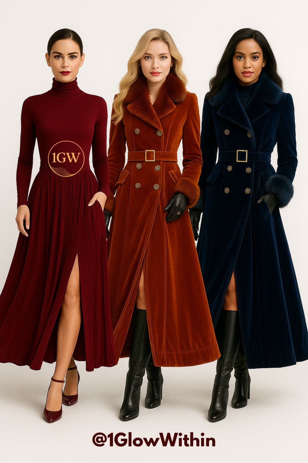 Three women modeling long, belted winter coats in burgundy, rust, and navy against a white backdrop.