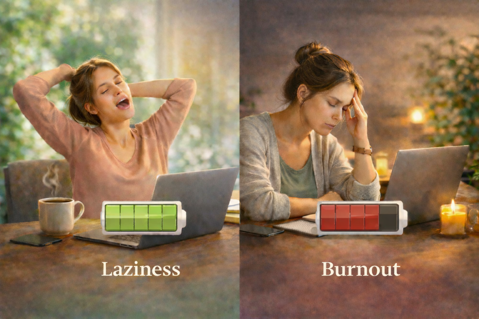 relaxed person with green battery labeled “Laziness” and tired person with red battery labeled “Burnout”