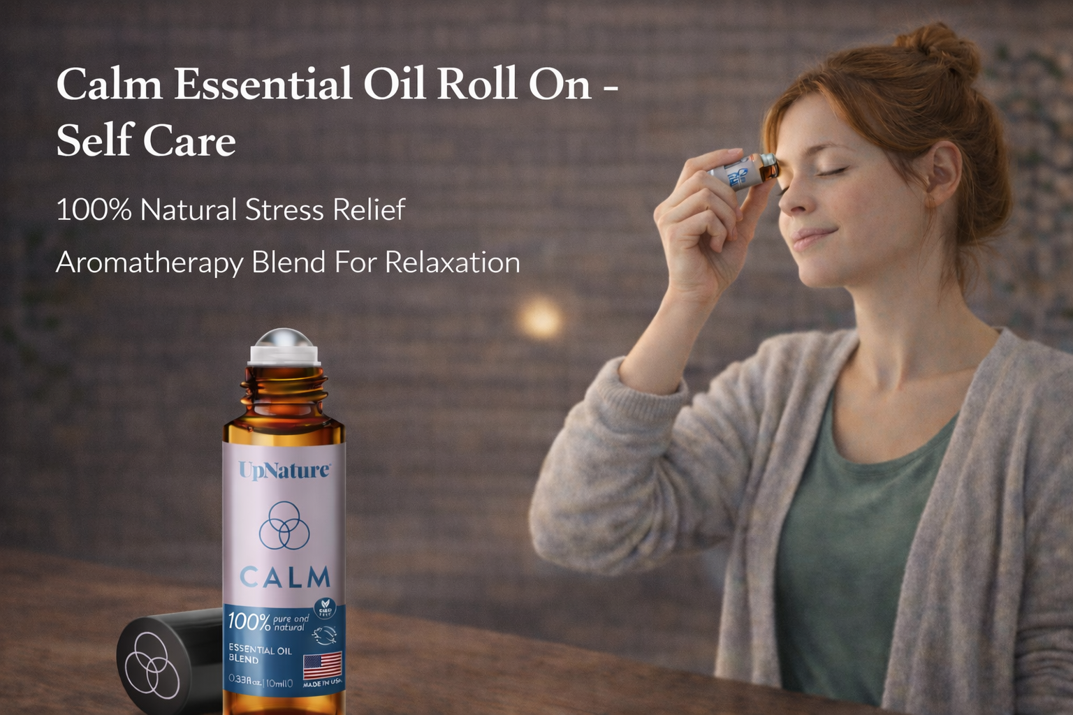 Calm essential oil roll-on with woman applying it, promoting natural stress relief and relaxation
