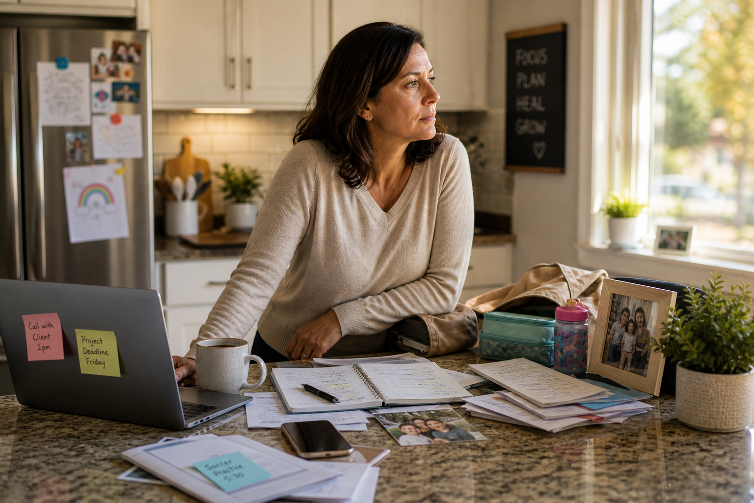 Person leaning on kitchen island with laptop, papers, and coffee, looking out a window in a bright home office.