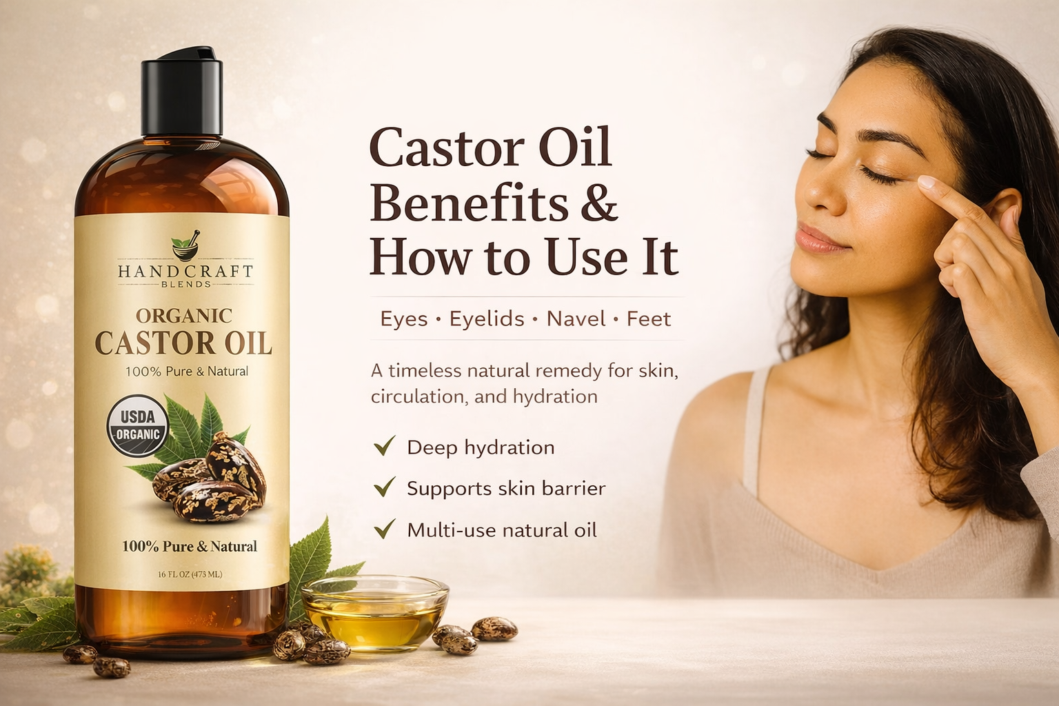 Castor oil bottle beside text on benefits and how to use it, with a woman touching her face