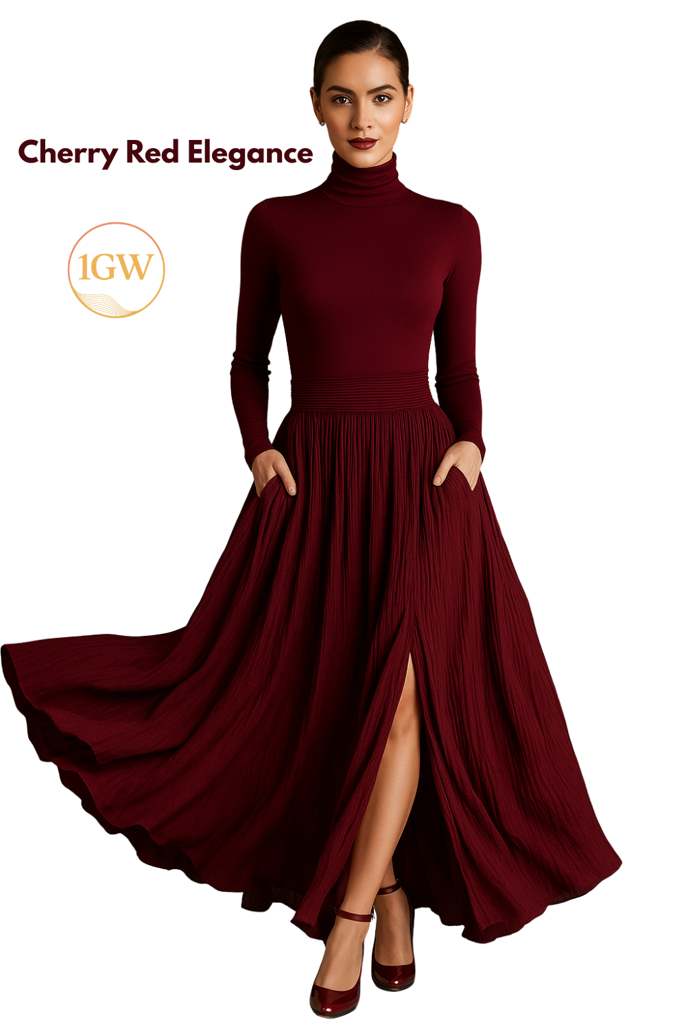 Woman in a cherry red long-sleeve dress with a flowing skirt, standing against a white background