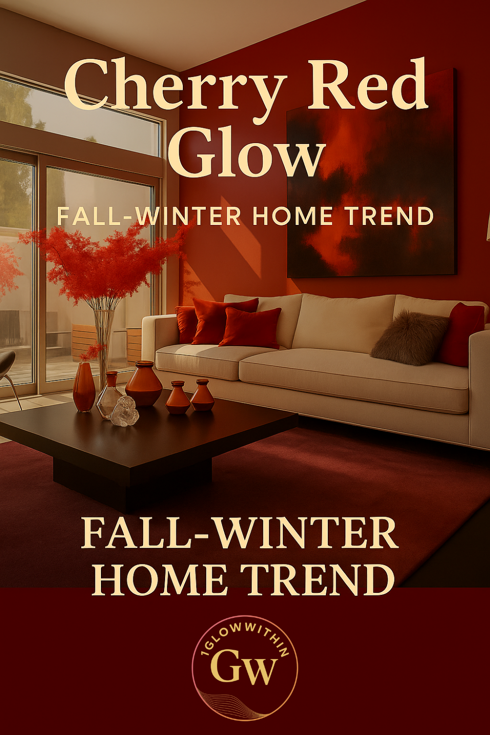 Cherry-red glow fall-winter home trend poster with a cozy living room and sofa