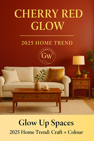 Cherry red home trend poster with a cozy beige living room and wooden coffee table