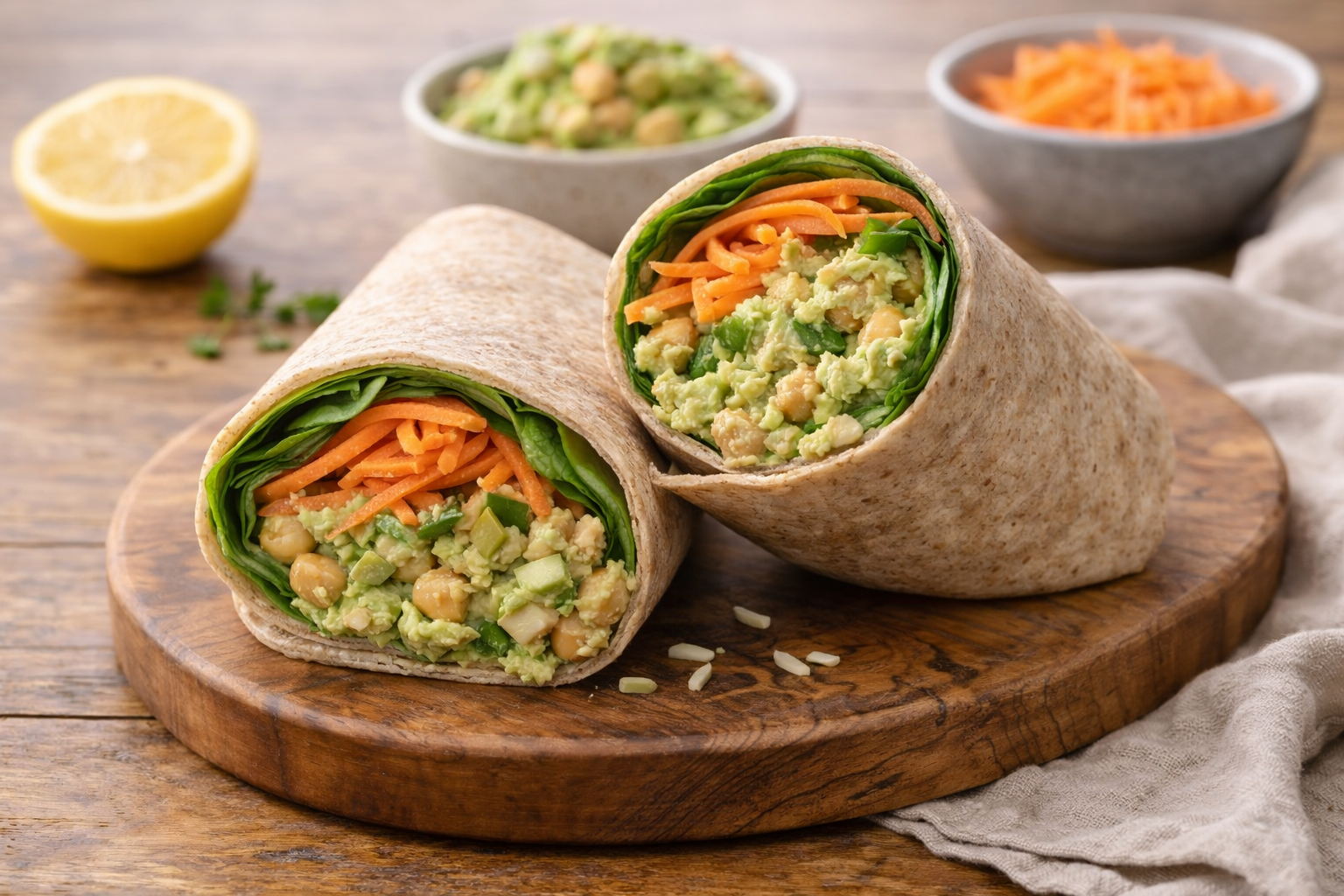 Two vegetable wraps on a wooden board with bowls of chopped avocado and carrots, and a lemon wedge nearby