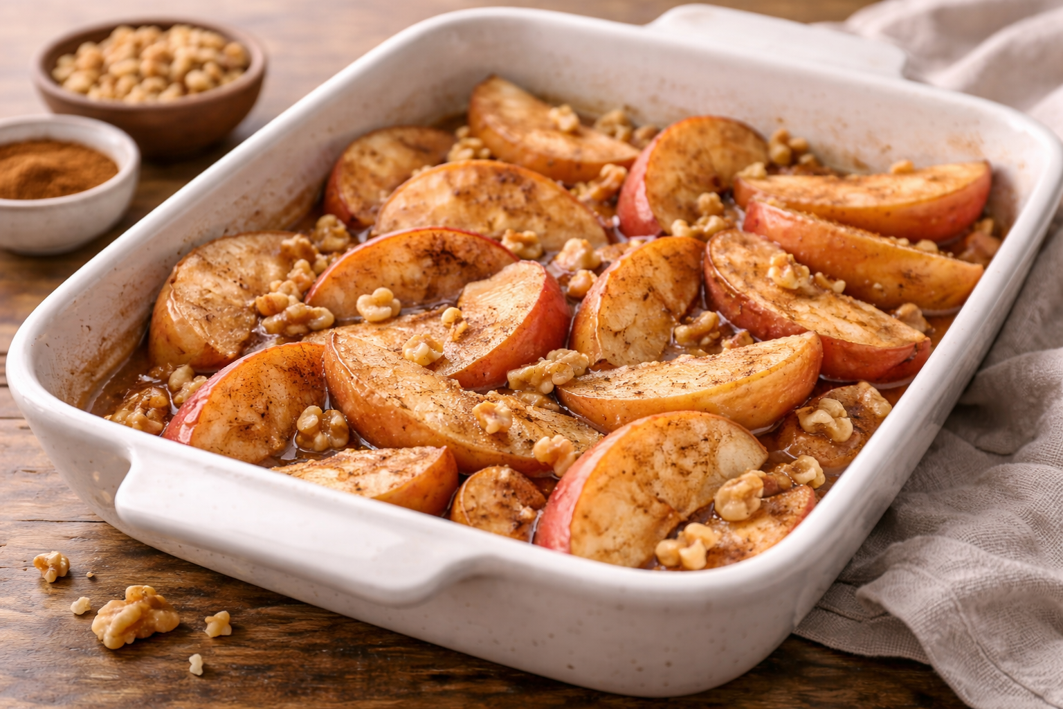 Baked apple slices with oat crumble in a white casserole dish on a wooden table