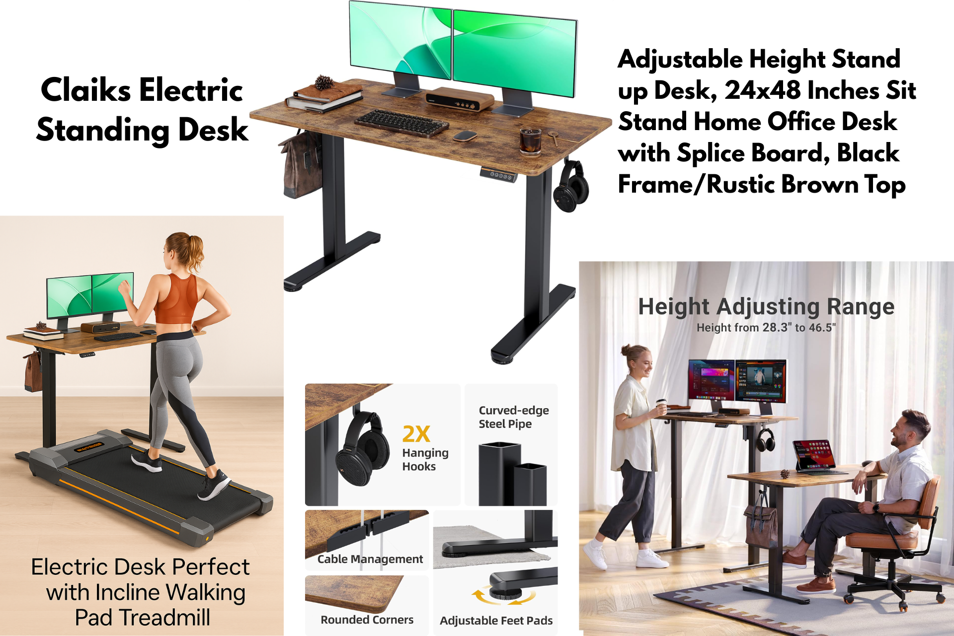 Black electric standing desk with adjustable height, wood top, and people using it for work and walking.