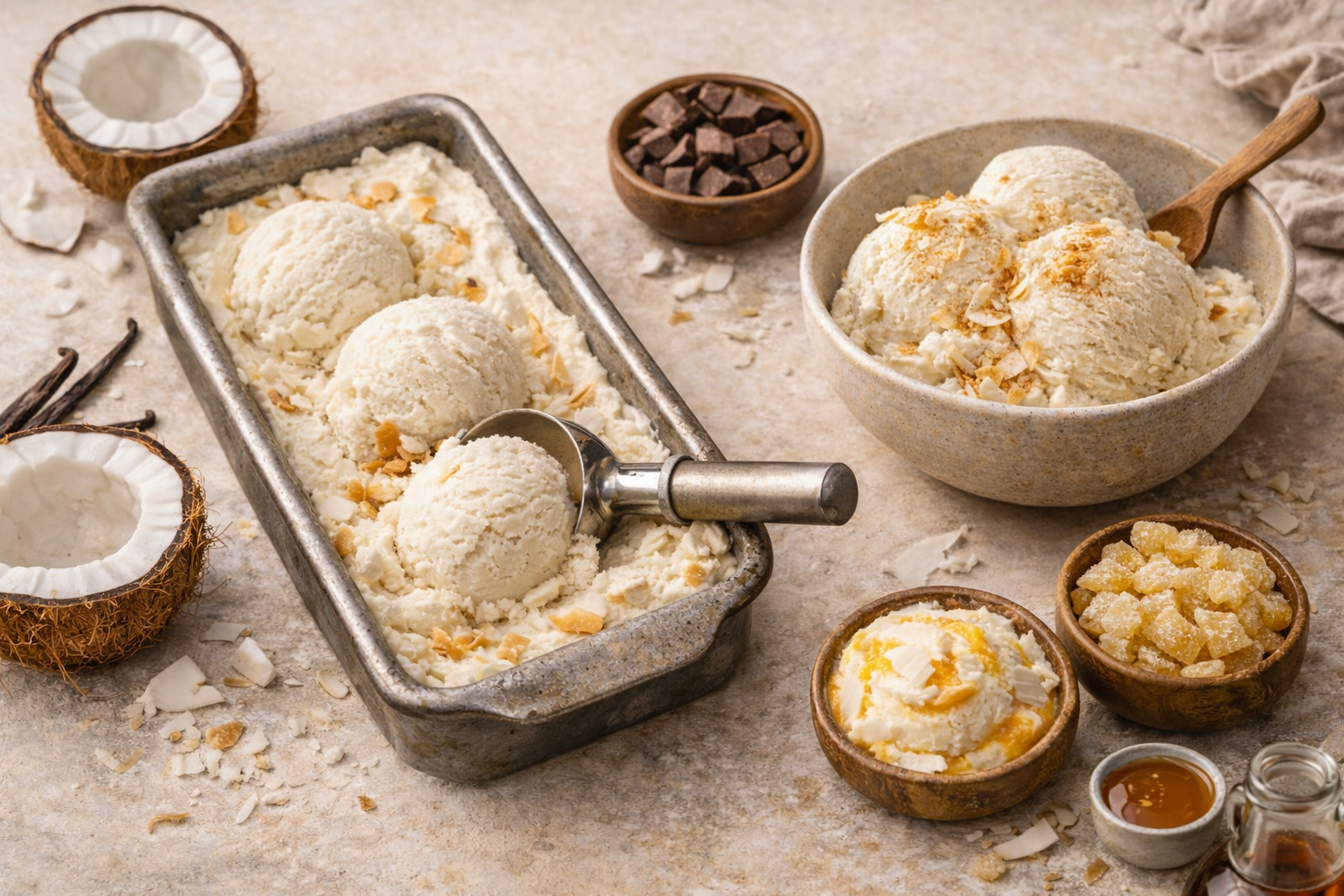 Ice cream scoops in bowls and a tray, topped with syrup and surrounded by coconut and chocolate pieces