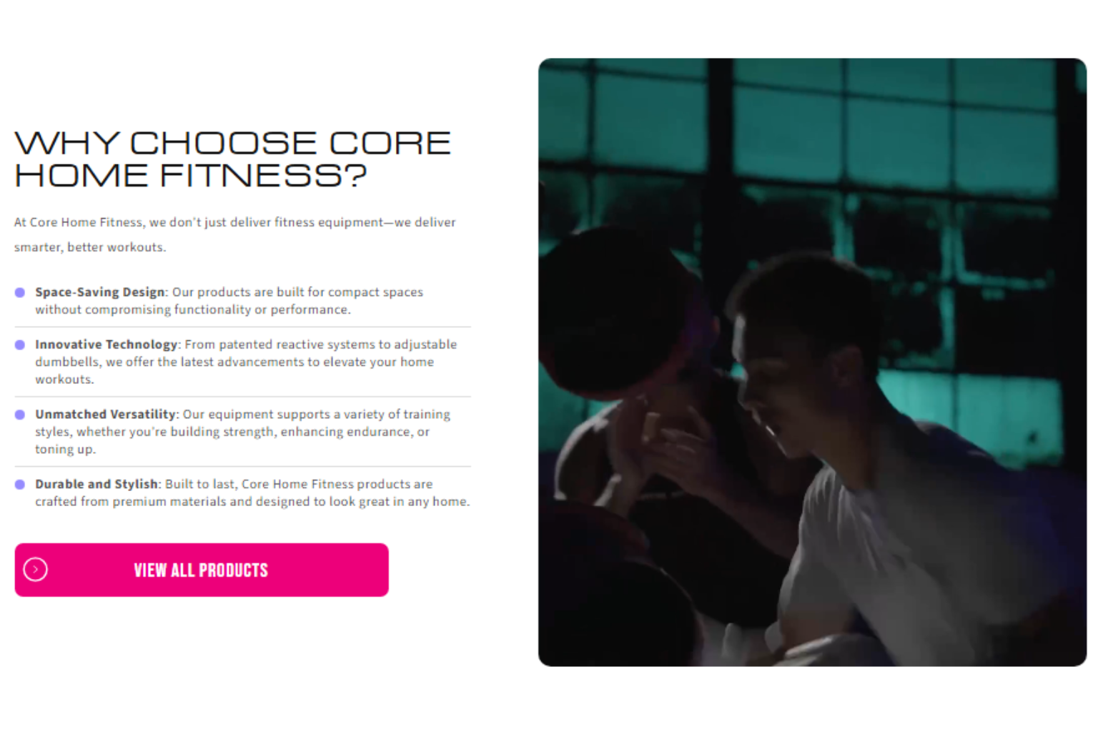 Fitness promo with text and a person exercising in a dim room with teal lighting